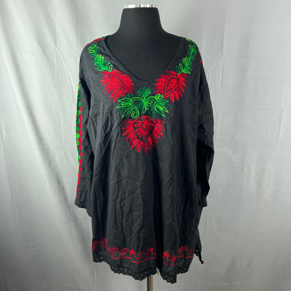 Krishma Tunic Top Womens Os Black Floral Embroidery Cotton Side Slit V Neck